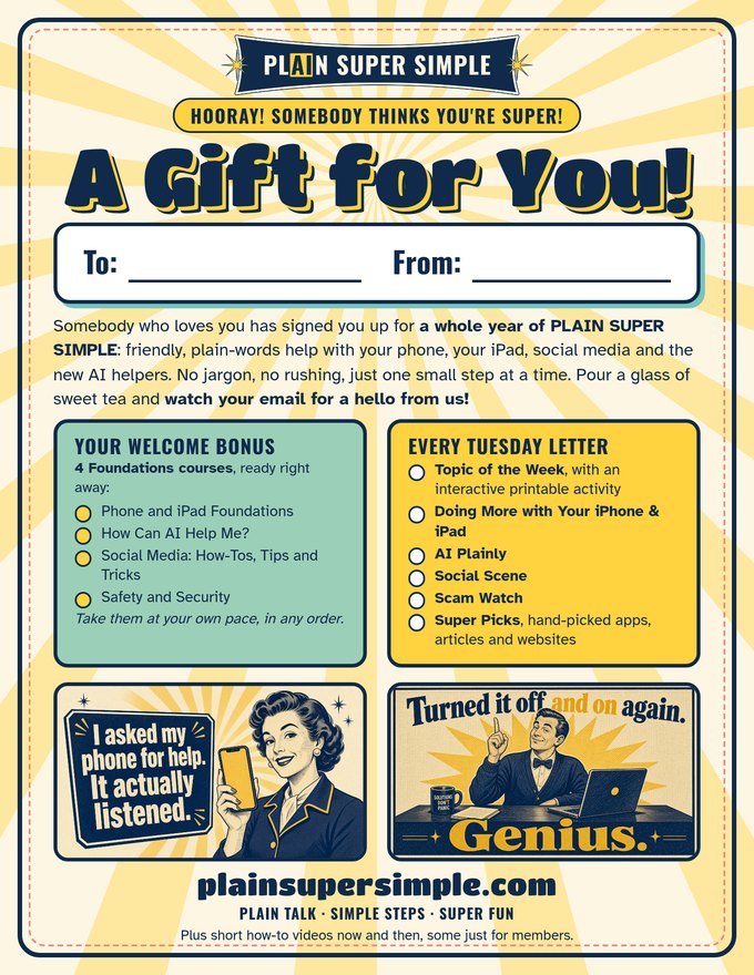 Preview of the printable gift certificate cover page. A big headline says A Gift for You!, with lines for To and From, two funny retro 1950s panels, and what's included: 4 Foundations courses and a friendly letter every Tuesday with six sections.