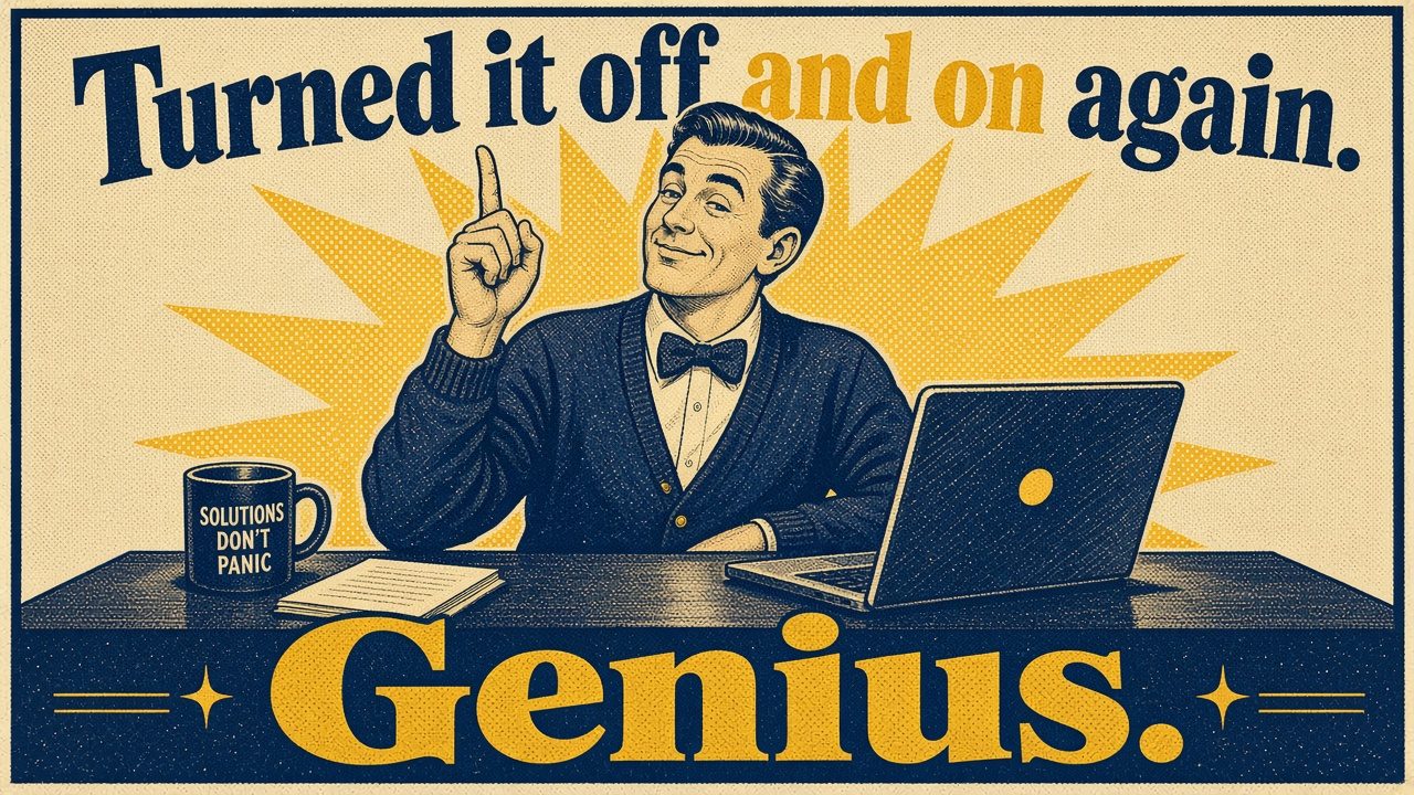 A cheerful 1950s-style man in a bow tie raises one finger beside his laptop, with a mug that says Solutions, don't panic. The headline says: Turned it off and on again. Genius.