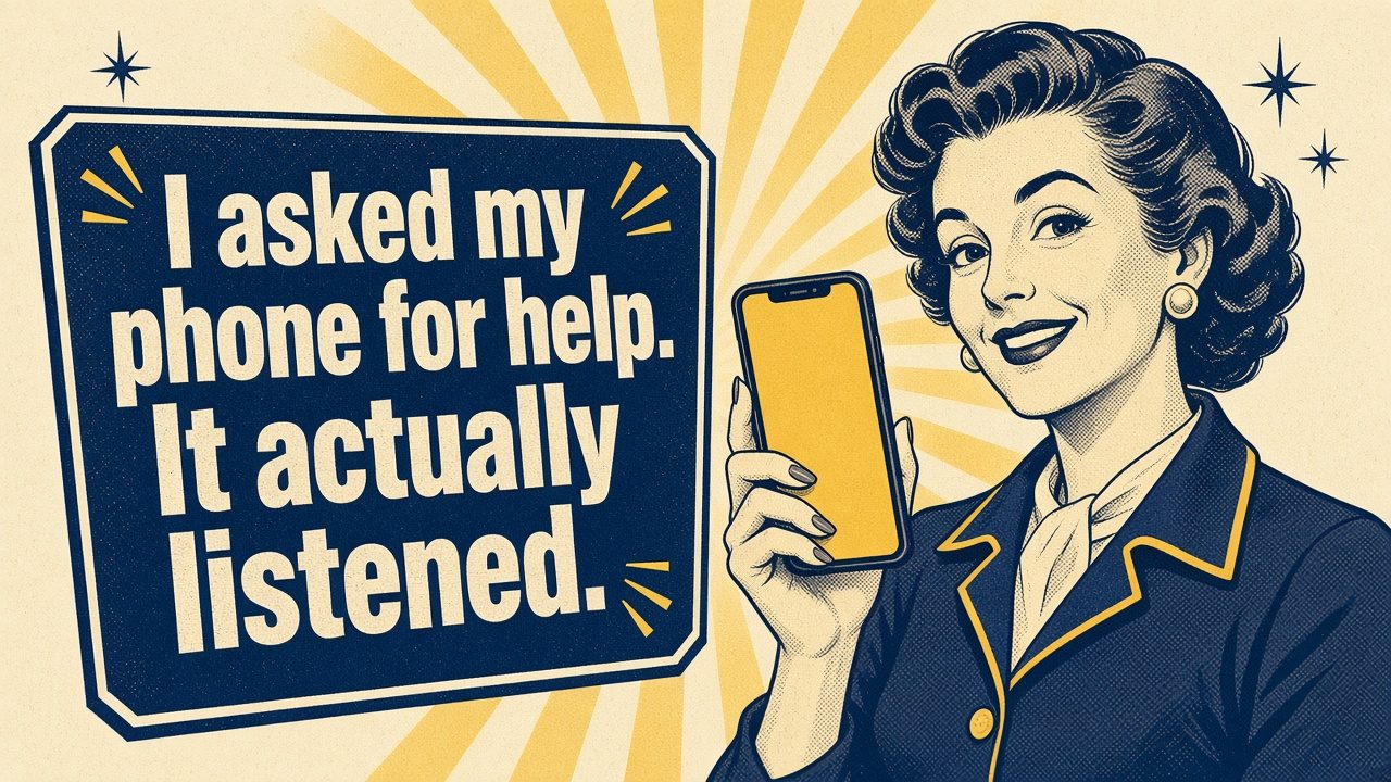 A cheerful 1950s-style woman holds up a yellow smartphone. The sign beside her says: I asked my phone for help. It actually listened.