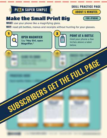 Small preview of the Skill Practice Page Make the Small Print Big, with a ribbon that says Subscribers get the full page.