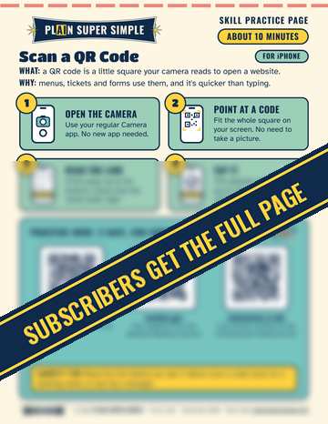 Small preview of the Skill Practice Page Scan a QR Code, with a ribbon that says Subscribers get the full page.